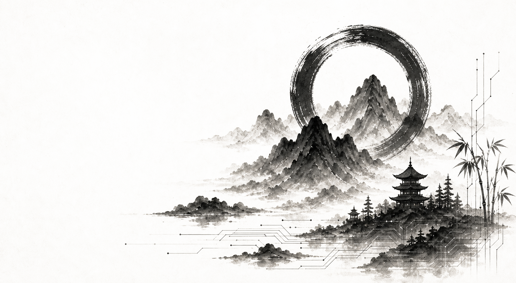 Ink landscape with mountain and enso circle